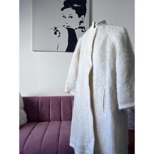 Donegal Design Vintage Mohair Wool Coat Handwoven Ireland White XL 60s 70s
